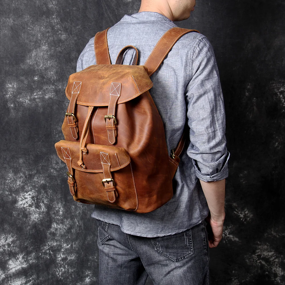 S.WORKER Vintage Echtleder-Rucksack für Herren, Reise-Vintage-Crazy-Horse-Schultasche, Große Laptop-Schultertasche aus Rindsleder für Männer – Detail 6