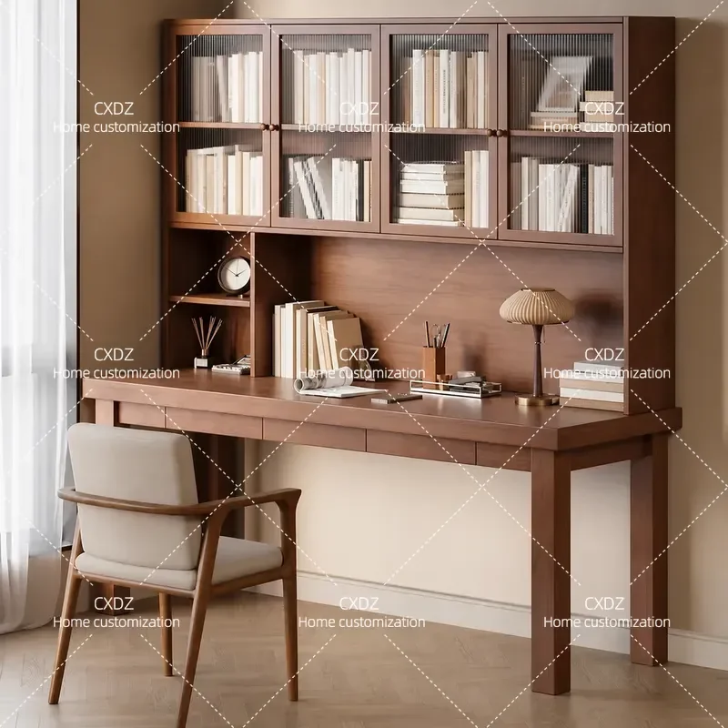 Modern Solid Wood Bookcase Desk Integrated Computer Table Student Home Study Writing Desk for Living Room