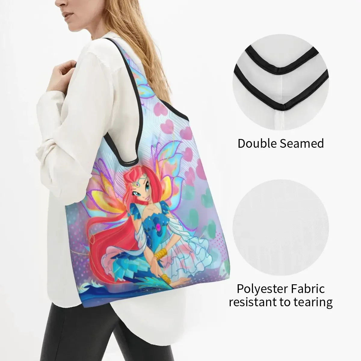 Custom Reusable Anime Winx Club Shopping Bag Women Tote Bag Portable Groceries Shopper Bags