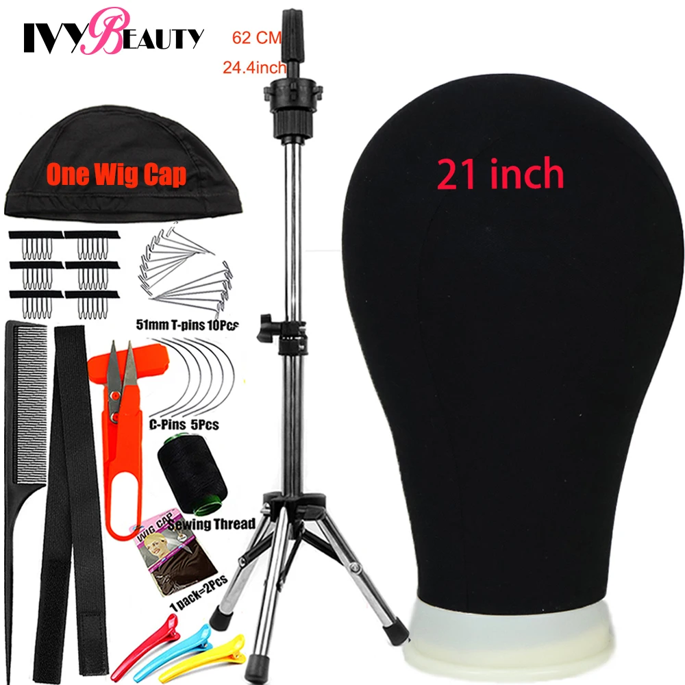 21-24 inch Training Mannequin Wig Head Canvas Block Head With Stand T Pin Needles  With Adjustable Tripod Stand For Wigs Making