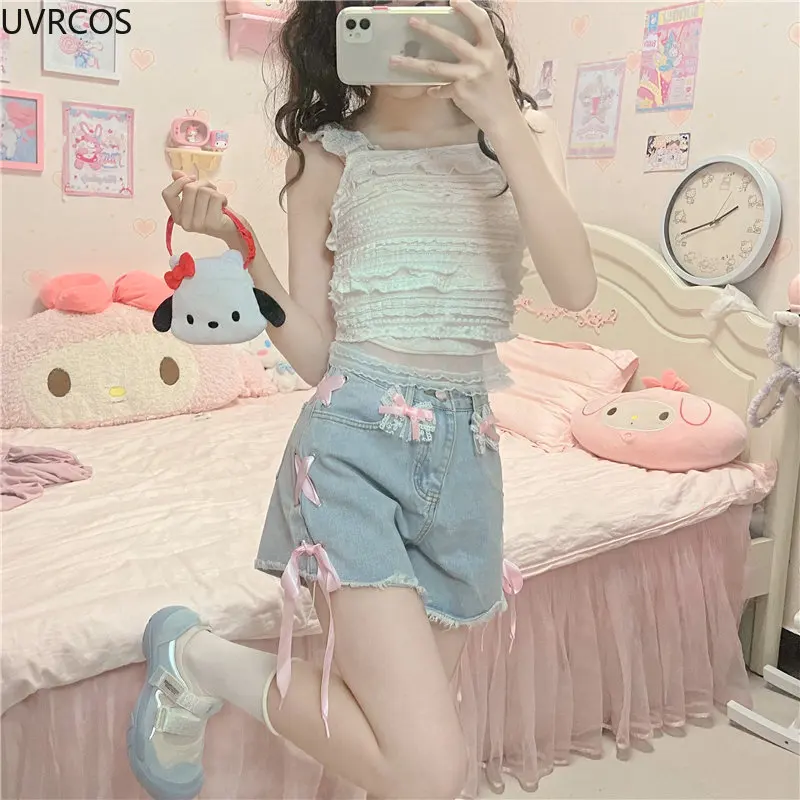 Imagem -02 - Shorts Jeans Kawaii de Cintura Alta para Mulheres e Meninas Estilo Coreano Jeans de Renda Rosa Calça Curta Doce Lolita Laço Casual Verão 2023