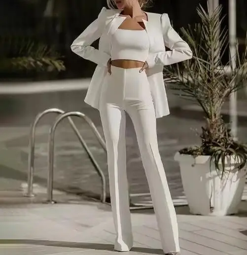 

Autumn Women's Commuting Three Piece Solid Color Slim Fit Suit Jacket, Strapless Vest, and High Waisted Straight Leg Pants Set