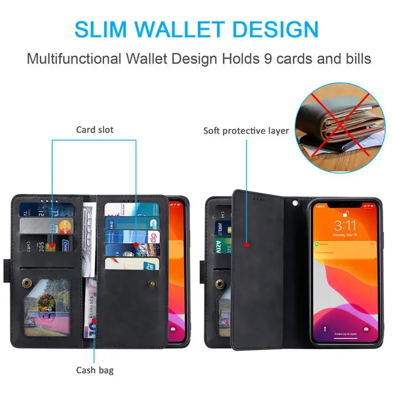 For Redmi Note 13 Pro 5G 4G Multi 9-Card Zipper Wallet Leather Case For Xiaomi Redmi Note 12 Turbo 12S 12 13 Pro Plus Book Cover