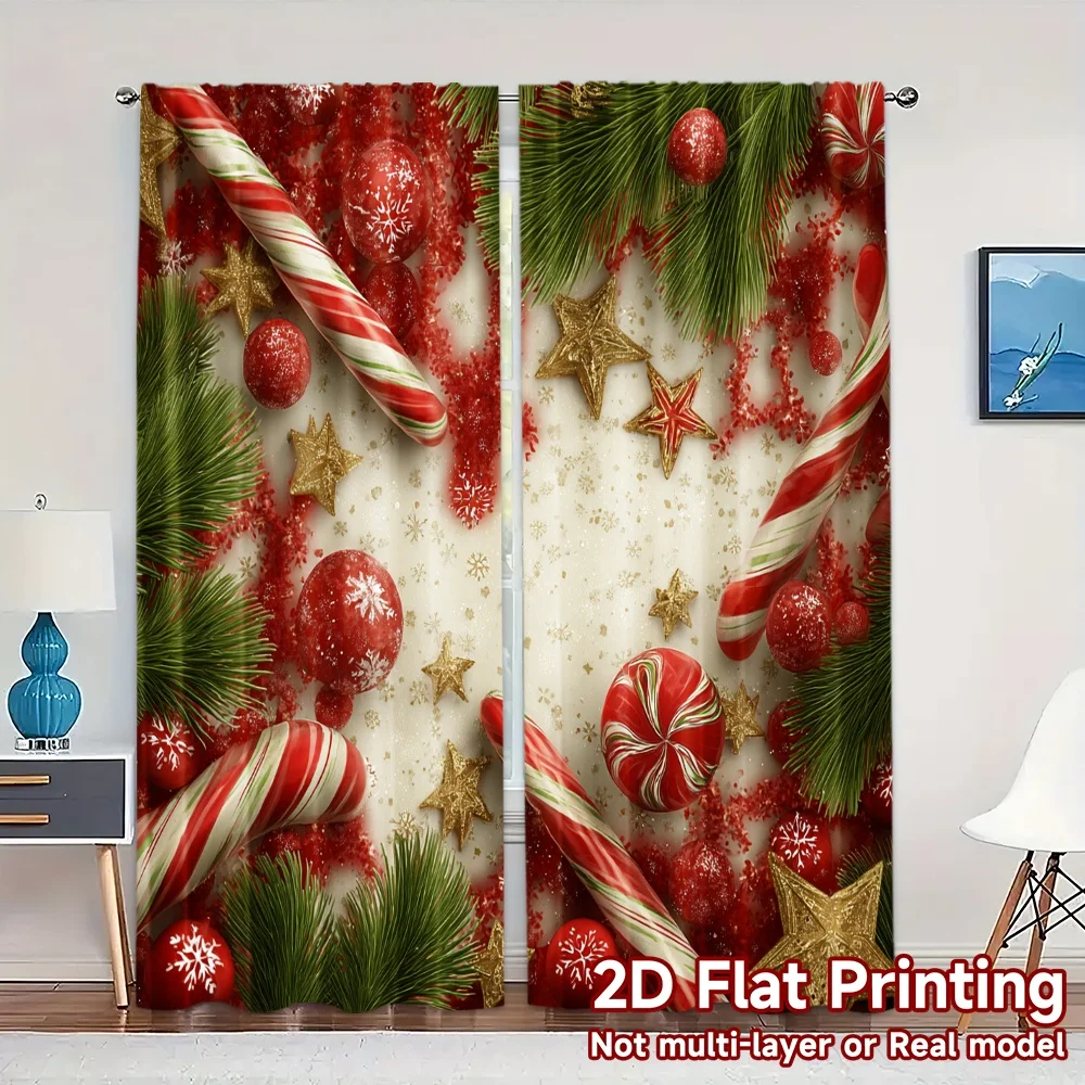 2D Flat Printing,JIT 2pcs, Curtains (Without Rod) Festive Peppermint Popular Creative Curtains Versatile Polyester Curtains All