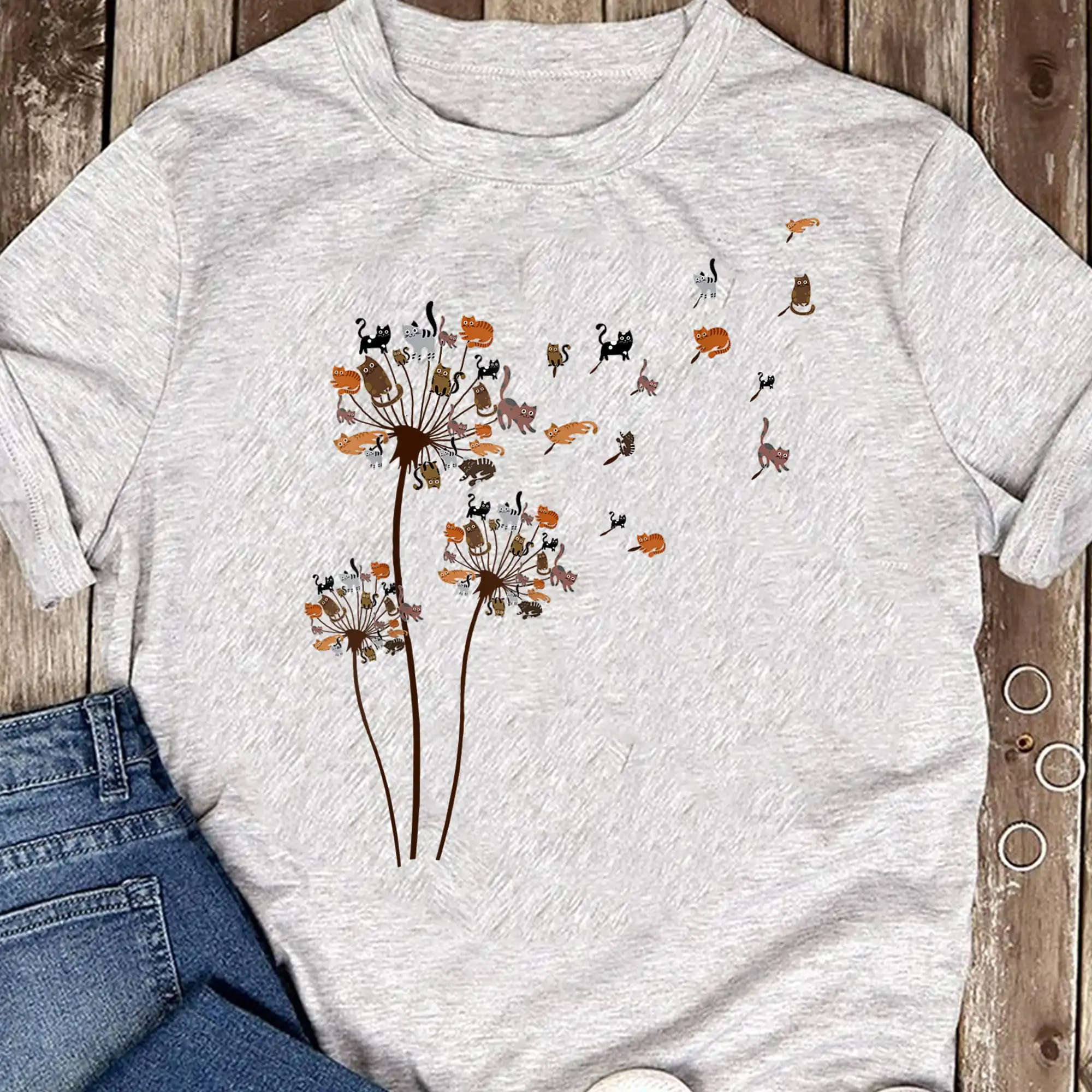 

Cats Flower Fly Dandelion T Shirt Cute Cat Lover Funny Summer Cool