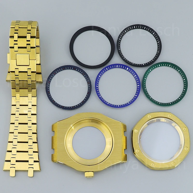 

Gold 41mm Men Sapphire Glass Watch Case Watchband Parts For Oak Seiko nh35 nh34 nh36 nh38 Movement 28.5mm Dial With Chapter Ring