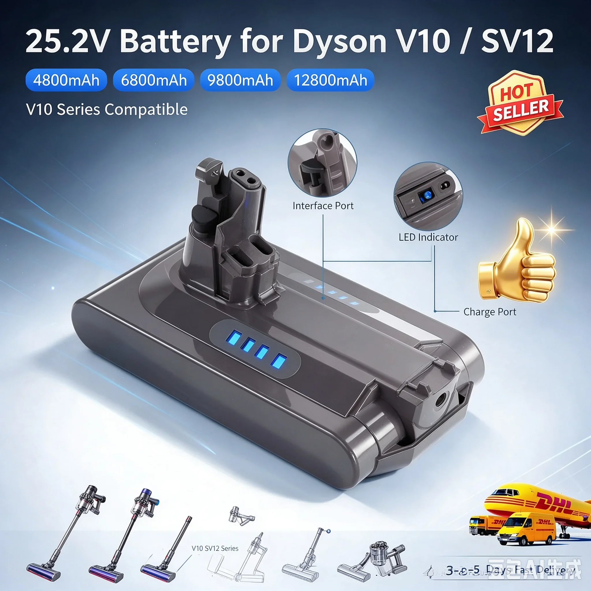 Batteria agli ioni di litio da 25,2 V, compatibile con gli aspirapolvere Dyson serie V10 Sv12, pacco batteria di ricambio ricaricabile per i modelli V10 Absolute, V10 Animal, V10 Fluffy, V10