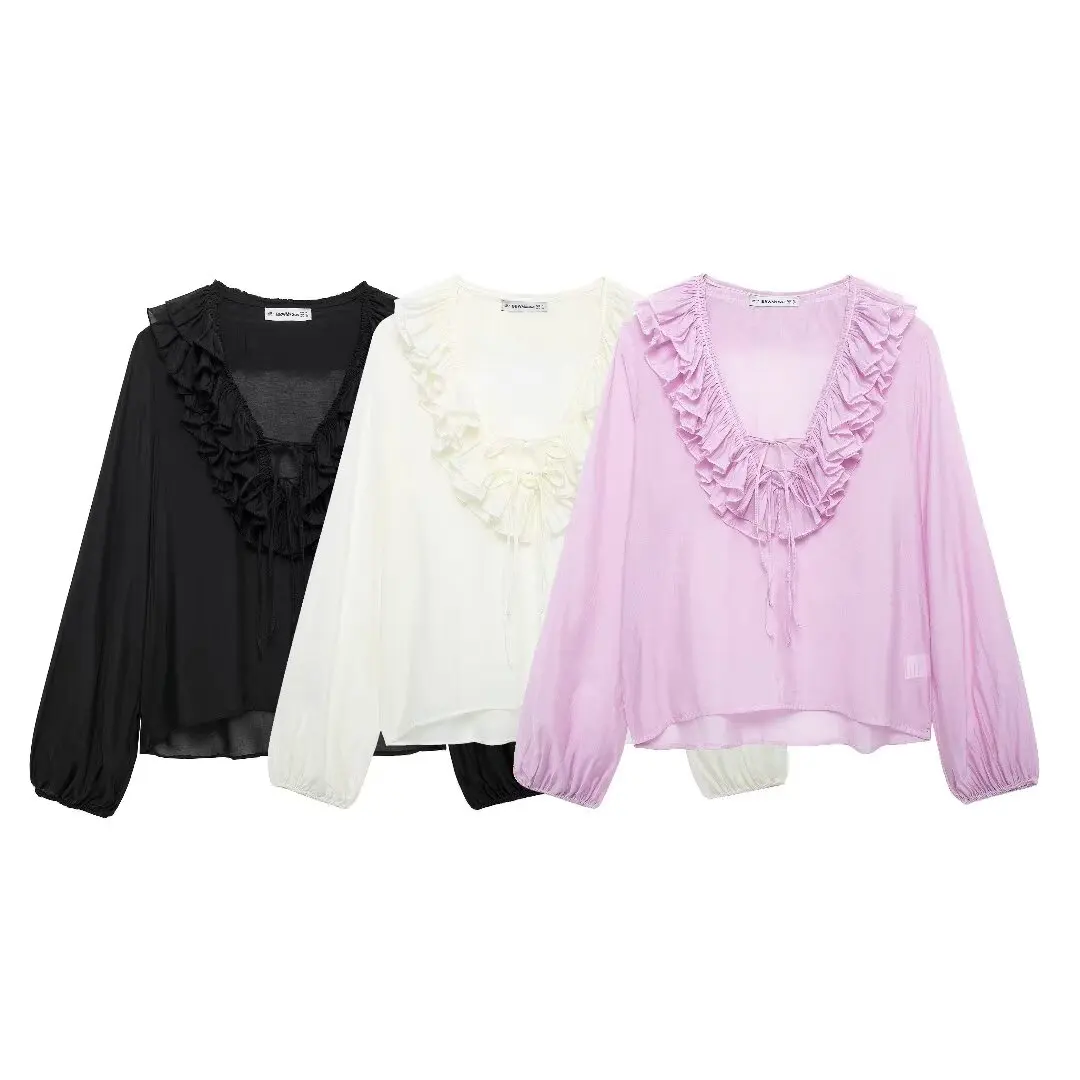 Autumn New Product: Three Color Age Reducing Sweet Thin Style Long Sleeved Ruffle Edge Layered V-neck Shirt With Drawstring Top