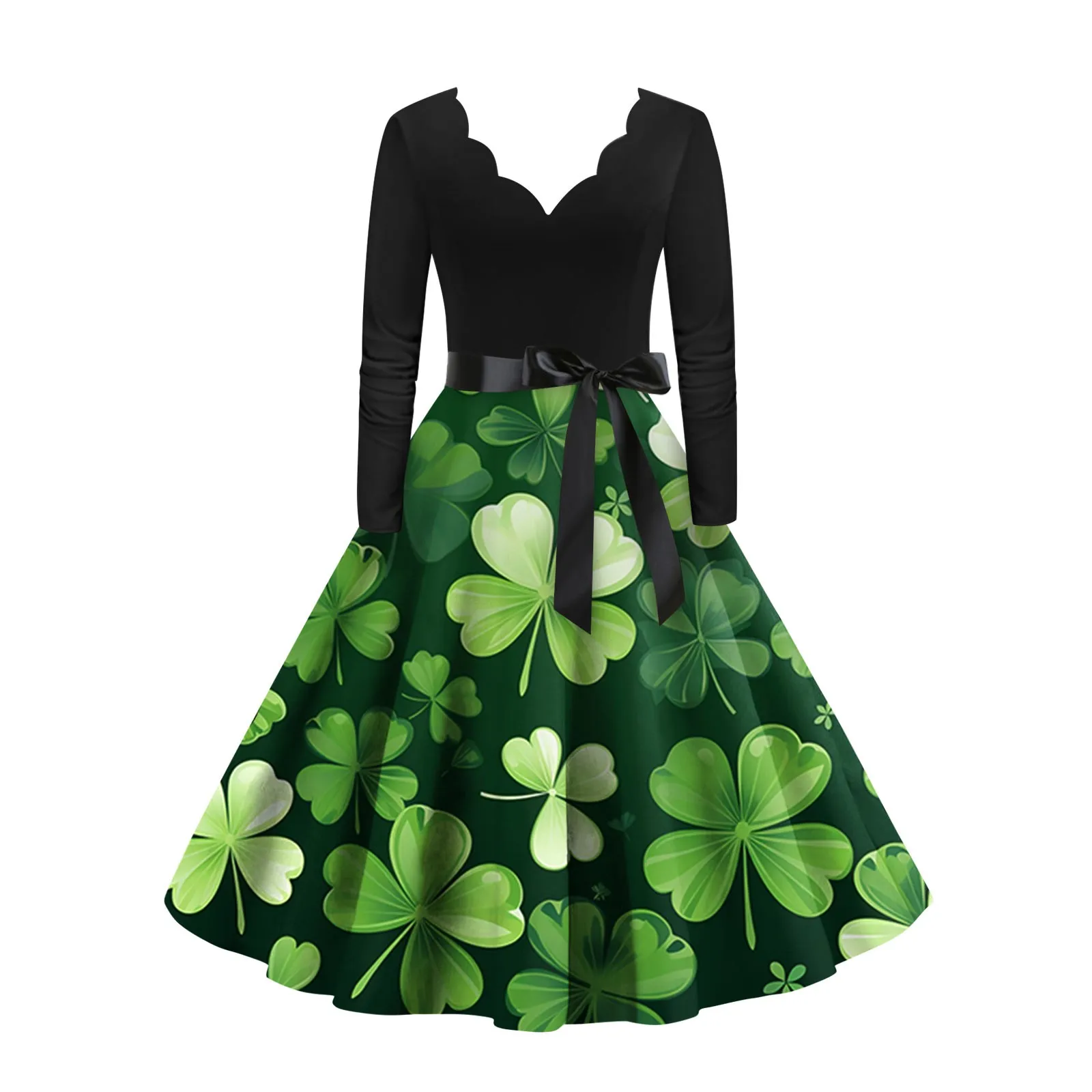 Big Swing Print Vintage St. Patrick's Day Dress Women Spring Summer Casual Long Sleeve V Neck Sexy Clovers Party Dress