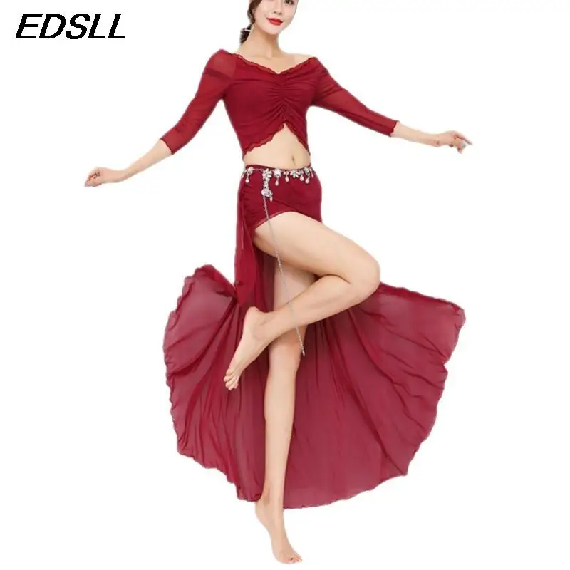 Adult Belly Dance Oriental Practice Set Women Elegant Top+ Sexy Split Skirt Clothes Suit Bellydance Stage Performance