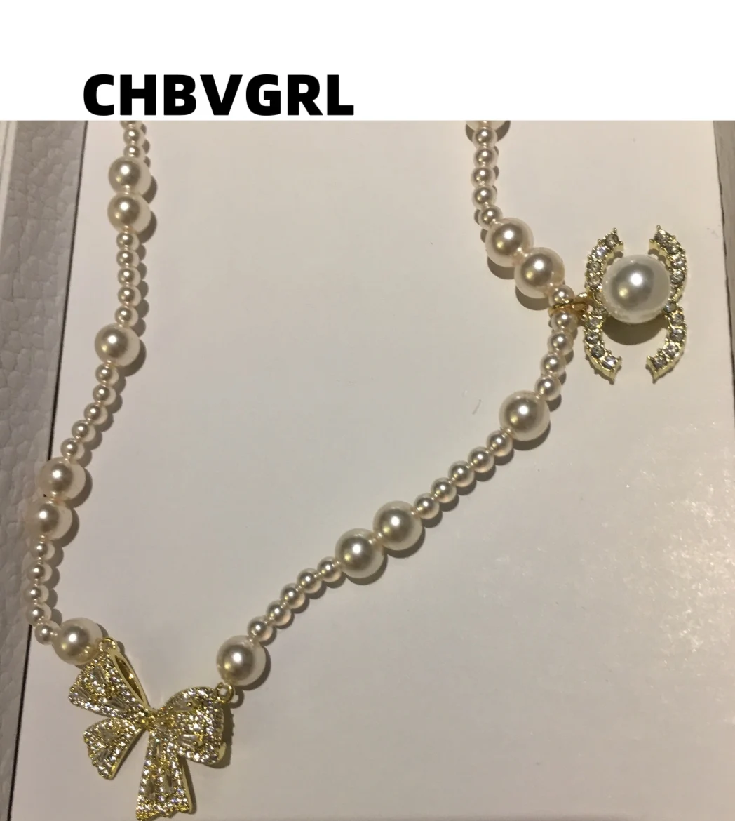 

Hot sell sweet and luxurious design, French pearl and zircon butterfly bow pendant necklace, court style, versatile collar chain