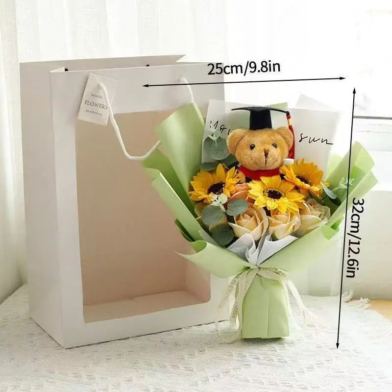 Graduate Bear Plush Bouquet Toy With Hand-Knitted Sunflower Kawaii Funny   Valentine\'s Day Xmas Girl Graduation Gift