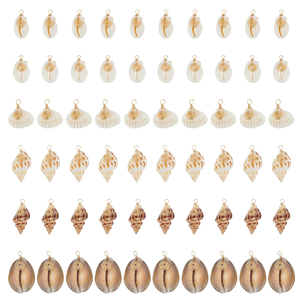 60Pcs 6 Style Shell Pendant Spiral Cowire Seashells Charm Golden Shell Charms with Metal Copper Wire Loops Summer Ocean Pendant