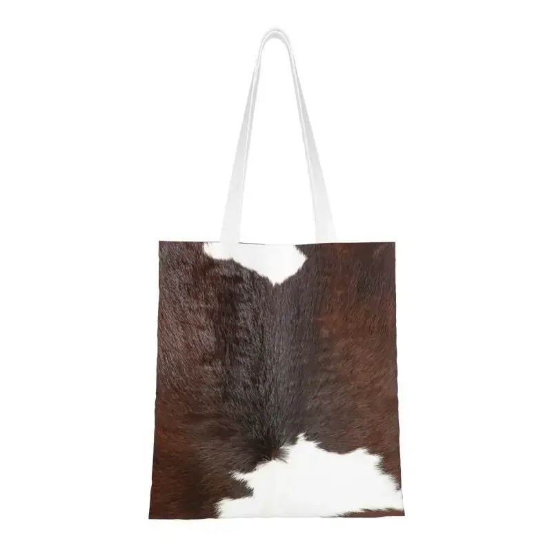 Modern Cowhide Faux Leather Detail Shopping Bag Printing Canvas Shoulder Tote Bag Animal Hide Leather Groceries Shopper Bags