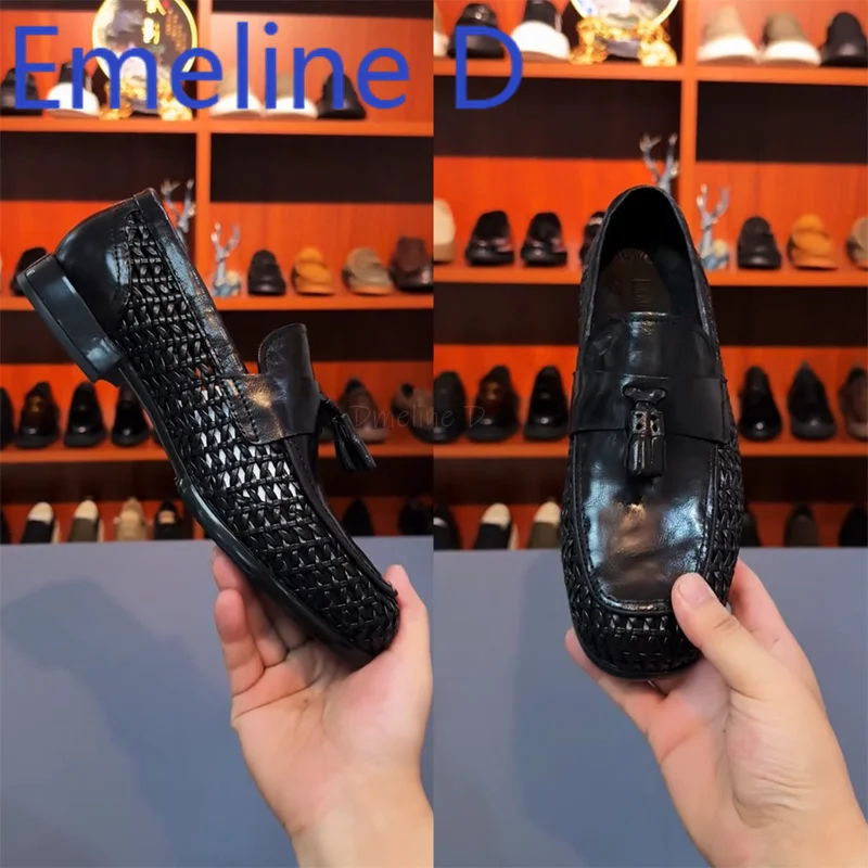 

Men's Pure Leather Woven Shoes Fashionable Light Luxury Trendy Hollowed Out Breathable Casual and Comfortable Flat Shoes