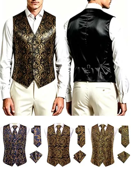 Men's Gold Jacquard Vest 3-Piece Set Includes Waistcoat, Tie & Pocket Square, Elegant Matching Suit for Wedding, Banquet
