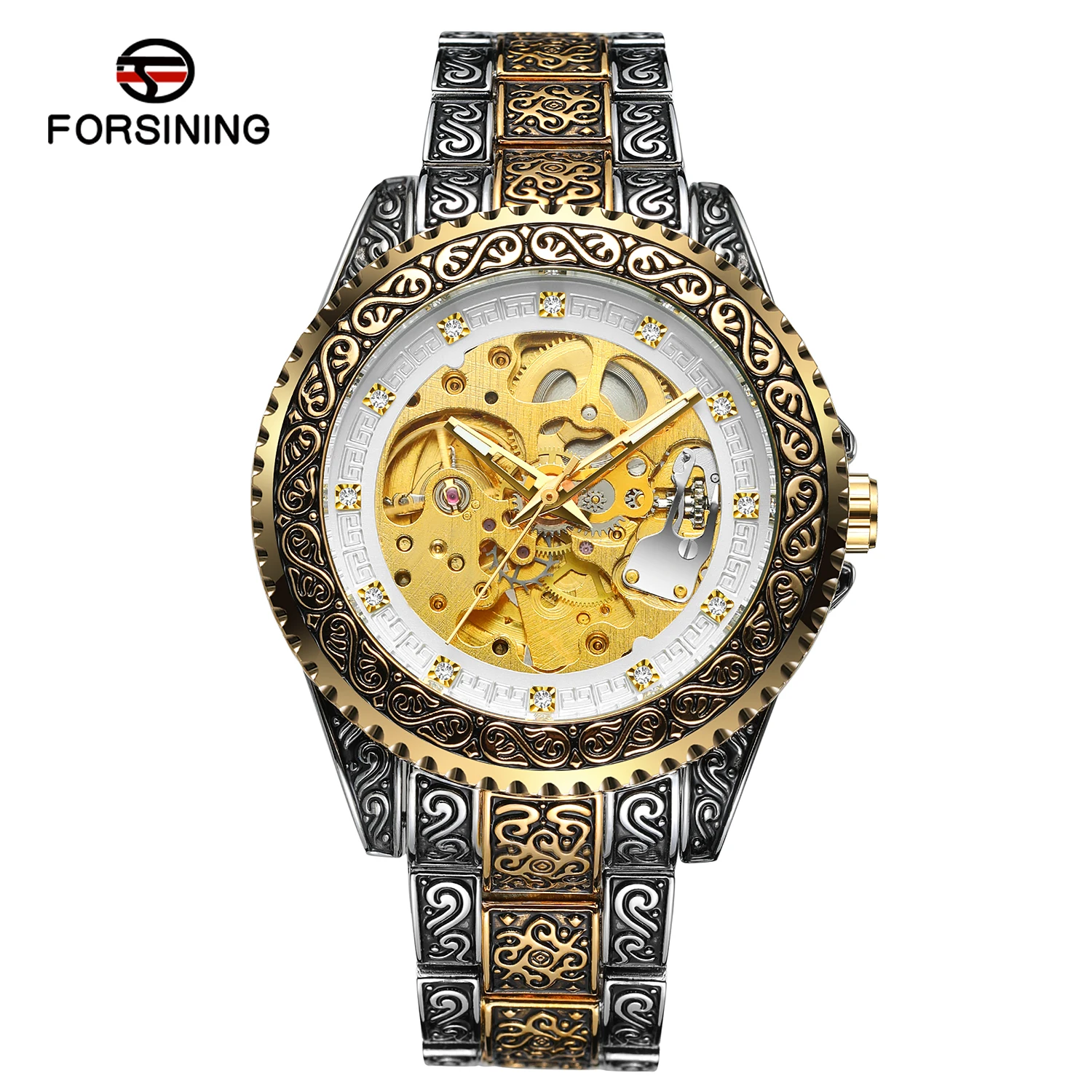 

FORSINING винтажные мужские автоматические механические часы со скелетом и циферблатом со стразами, роскошные золотые модные часы из нержавеющей стали