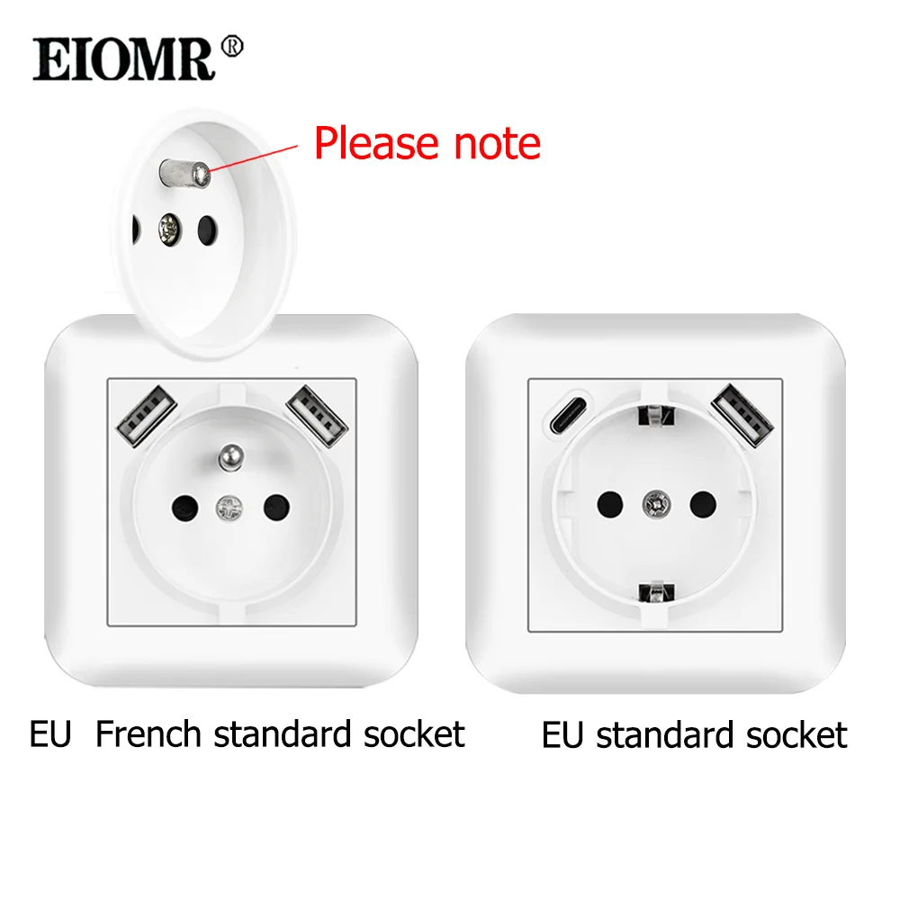 EIOMR Type C USB Charge Socket,Flame Retardant PC Panel,EU Standard Wall USB Power Outlet with Iron Claw Suitable for Round Box