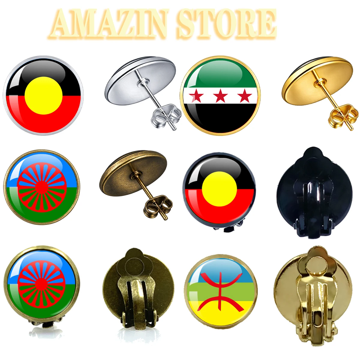 Berber Flag Australian Lndigenous Flag Gypsy Flag Syrian Opposition Flag Jewelry Ear Stud Convex 12MM Glass Earring Gift