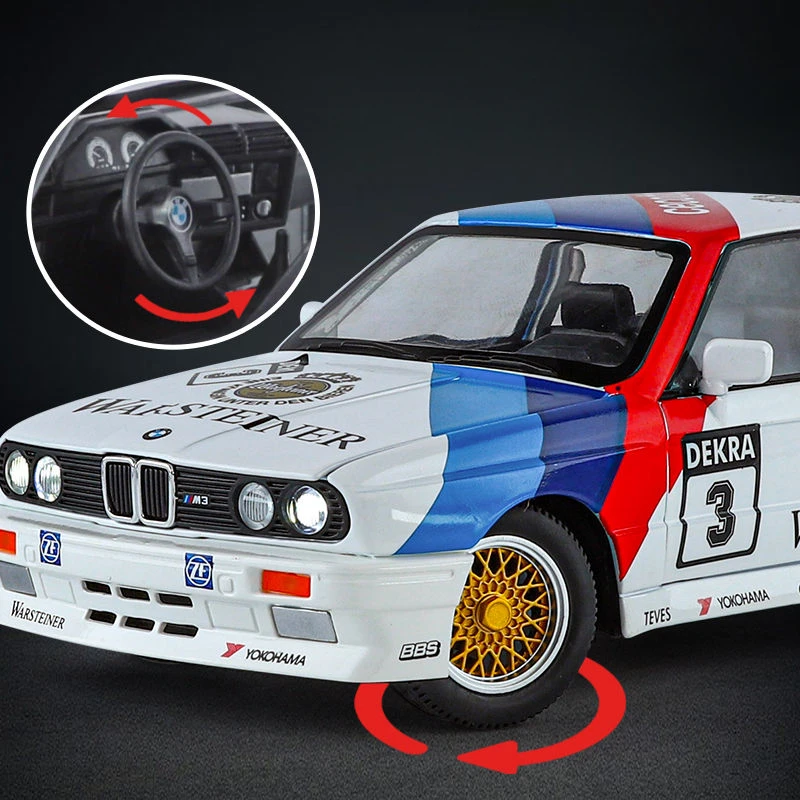 1:24 BMW M3 E30 1987 DTM aluminiowy model samochodu dźwięk i światło wycofać zabawki dla dzieci kolekcje prezent urodzinowy