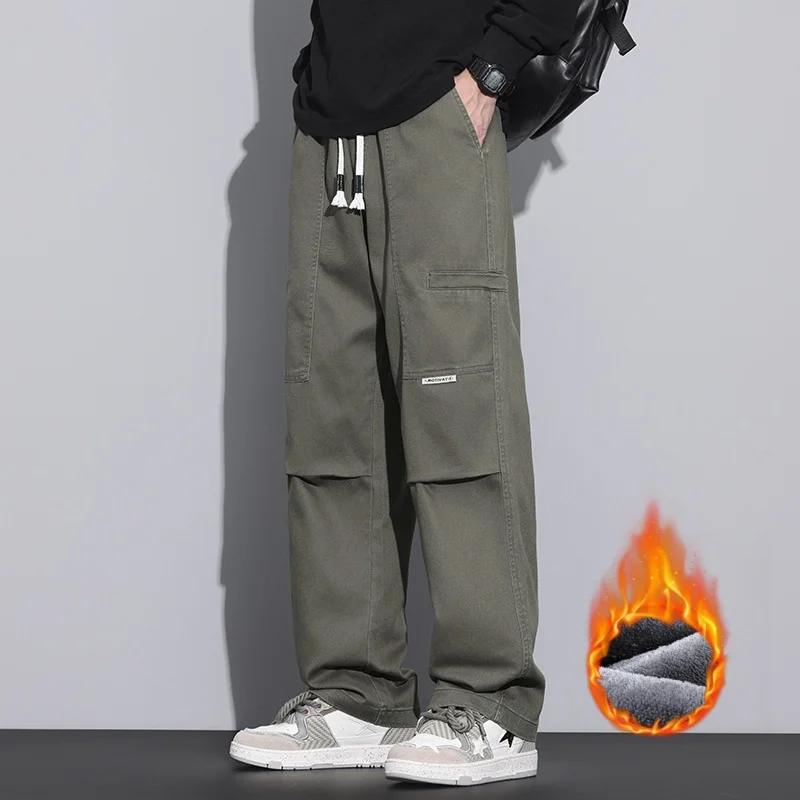 2024 Winter New Style Teen Men's Fleece Overalls Fashion Straight Drawstring Casual Wide Leg Paratrooper Pants