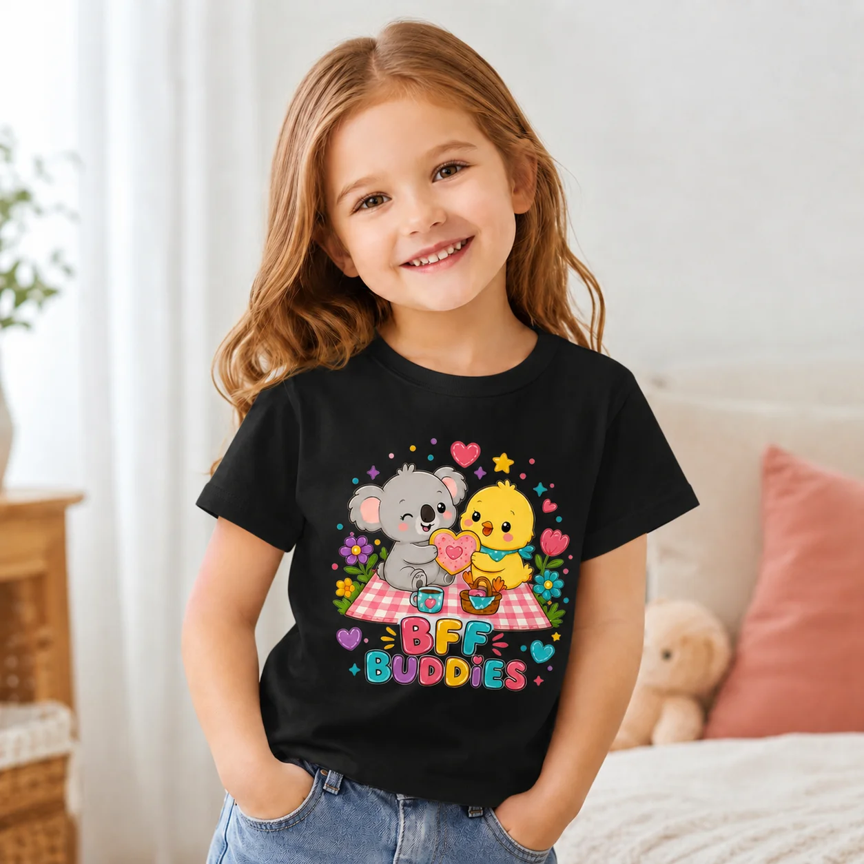 Toddler Kids Girls BFF Buddies Koala Duck Graphic T-Shirt Cute Cartoon Print Cotton Short Sleeve Tee Tops