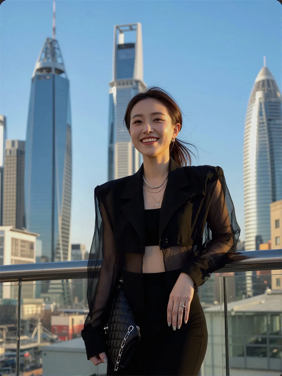 

Sun-proof Cropped See-through Back-Slit Blazers For Woman With Designs Clothes Women Windproof Plunge Women/Dames Females Tender