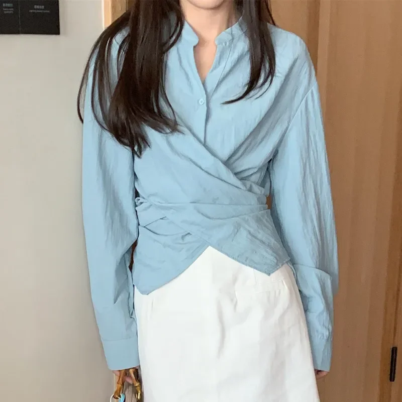 

Korean chic early spring French irregular design V-neck chic wrapping shirt cross strap shirt women