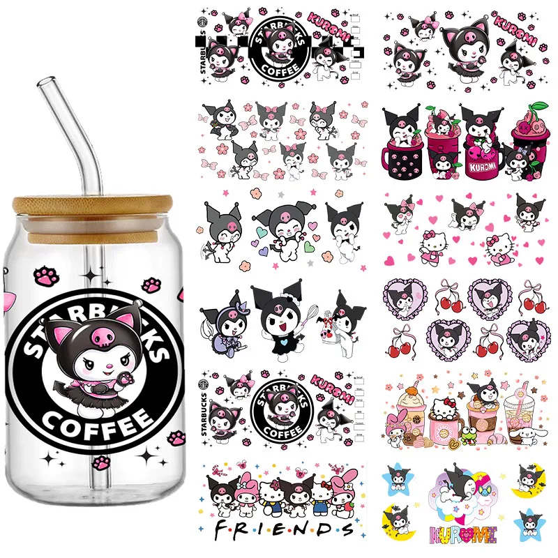 Sanrio stiker Transfer kartun Kuromi Dengan My Melody UV DTF stiker Transfer tahan air untuk 16oz stiker bungkus cangkir kaca