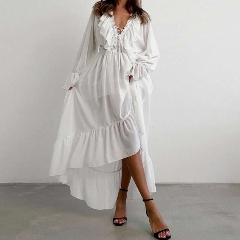 

2026 New Drawstring V-neck Bell-sleeved Chiffon Dress with Asymmetrical Design White Casual Long A-line Skirt