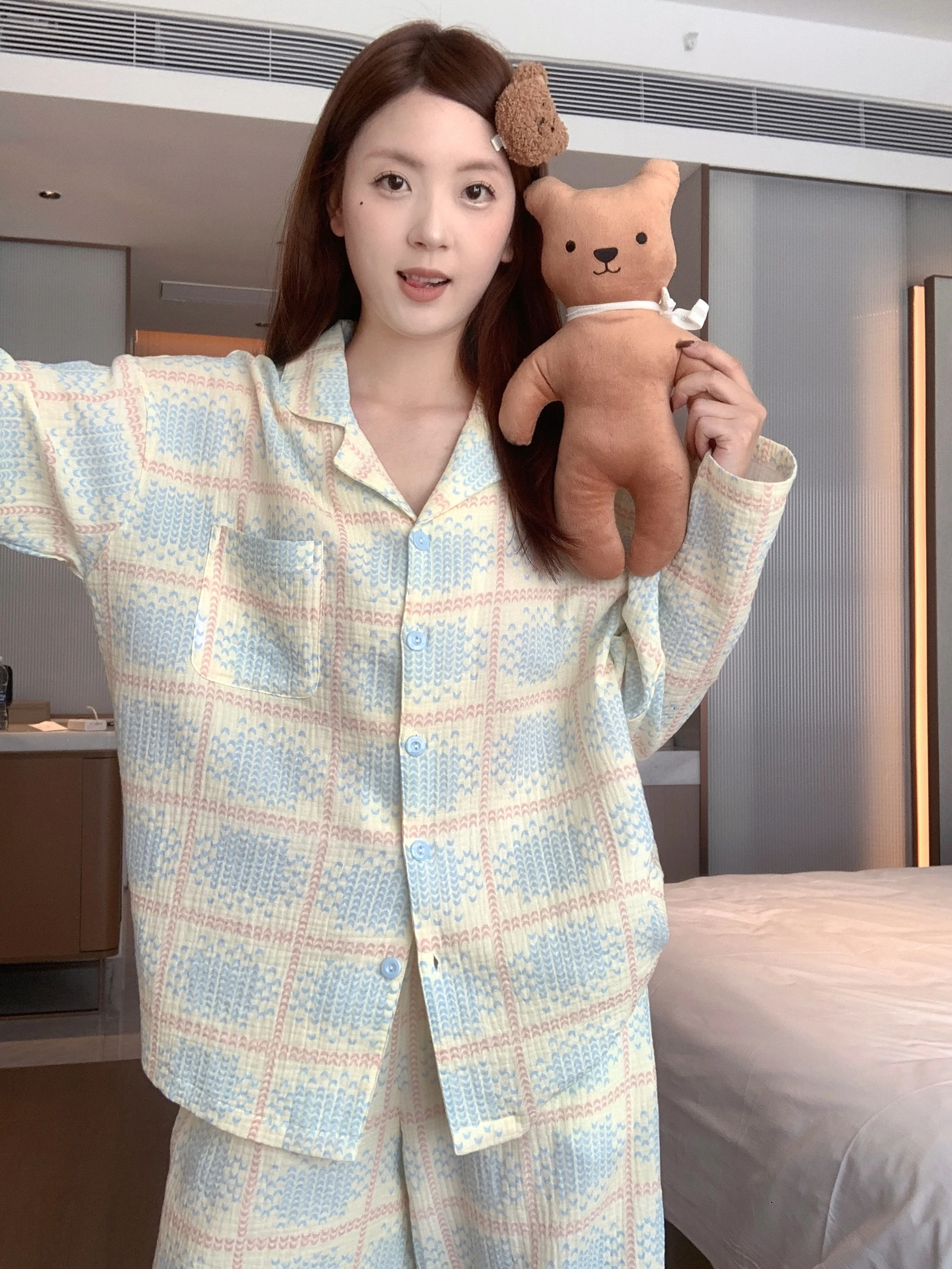 

Весенне-осенний комплект домашней одежды из чистого хлопка для женщин: пижама с длинным рукавом, в клетку, с воротником-рубашкой, удобная и мягкая