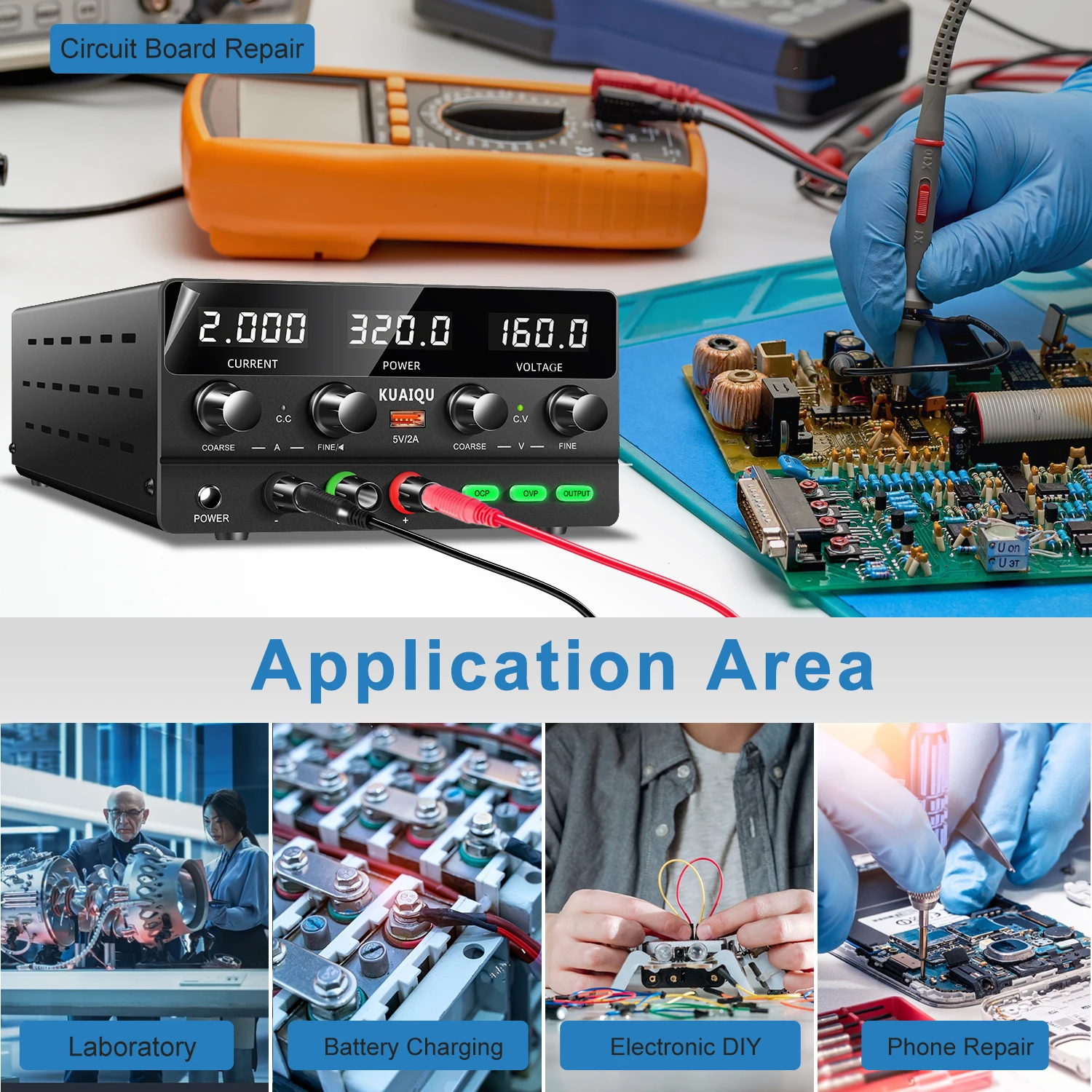 KUAIQU Lab Power Supplies 160V 2A Upgrade OCP OVP Function,30v 10a Adjustable Dc Power Supply With Output Switch,For Repair PCB