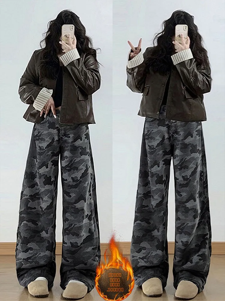 

Джинсы женские больших размеров, повседневные, с широкими штанинами, на флисовой подкладке, для зимы, с эффектом стройности, из смесового хлопка