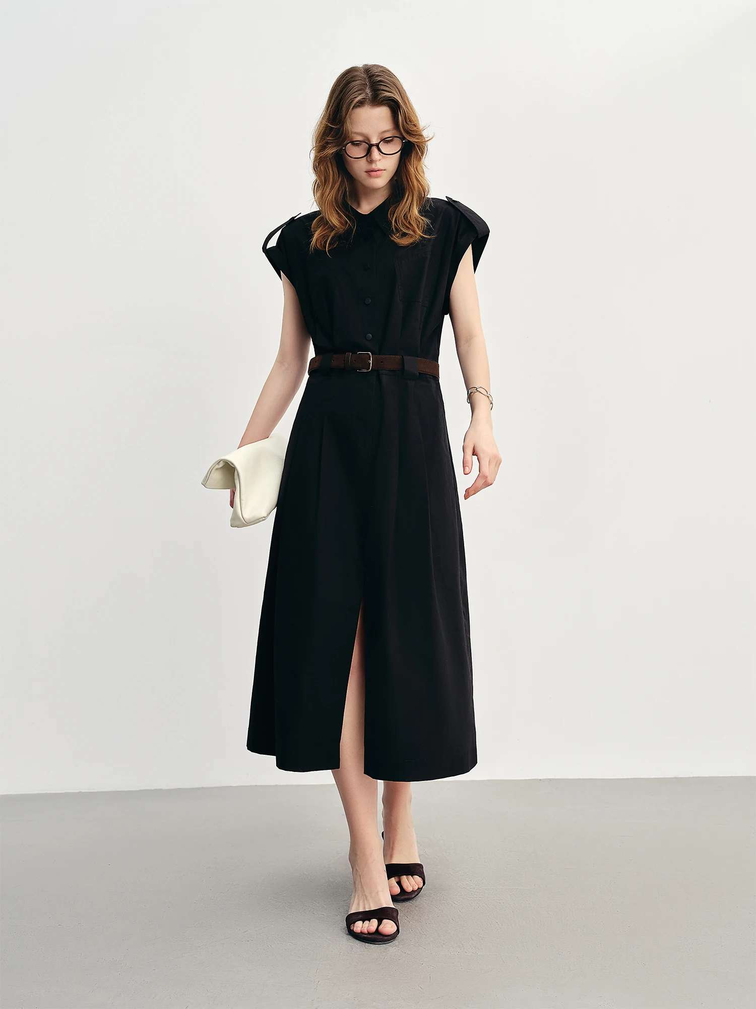 ​ فستان قميص بدون أكمام لصيف 2025 من DUSHU - طيات مدسوسة بكتف منسدل وثنيات وخصر جذاب وقص مكتب للنزهة ​