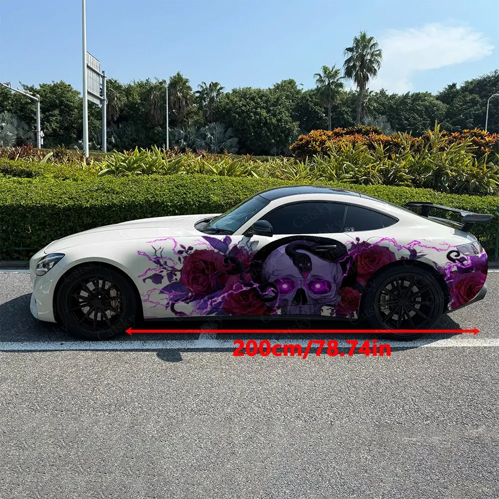 2pcs Gothic Thunder Snake Roses Skull Car Side Wraps, Self-Adhesive PVC Waterproof & Scratch-Resistant Stickers, Car Accessory