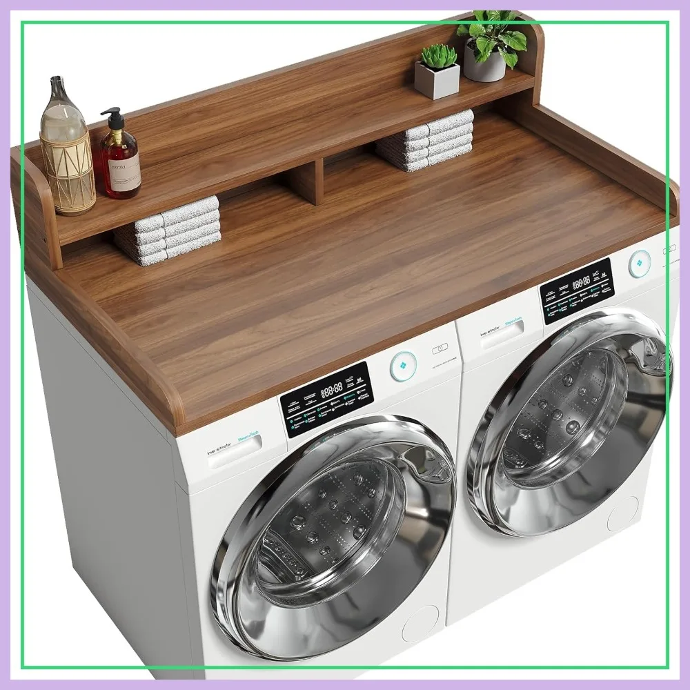 

54"W x 27.55"D Laundry Countertop for Washer Dryer, 2.75"H Edge Rails, Non-Slip Pad, Dark Walnut