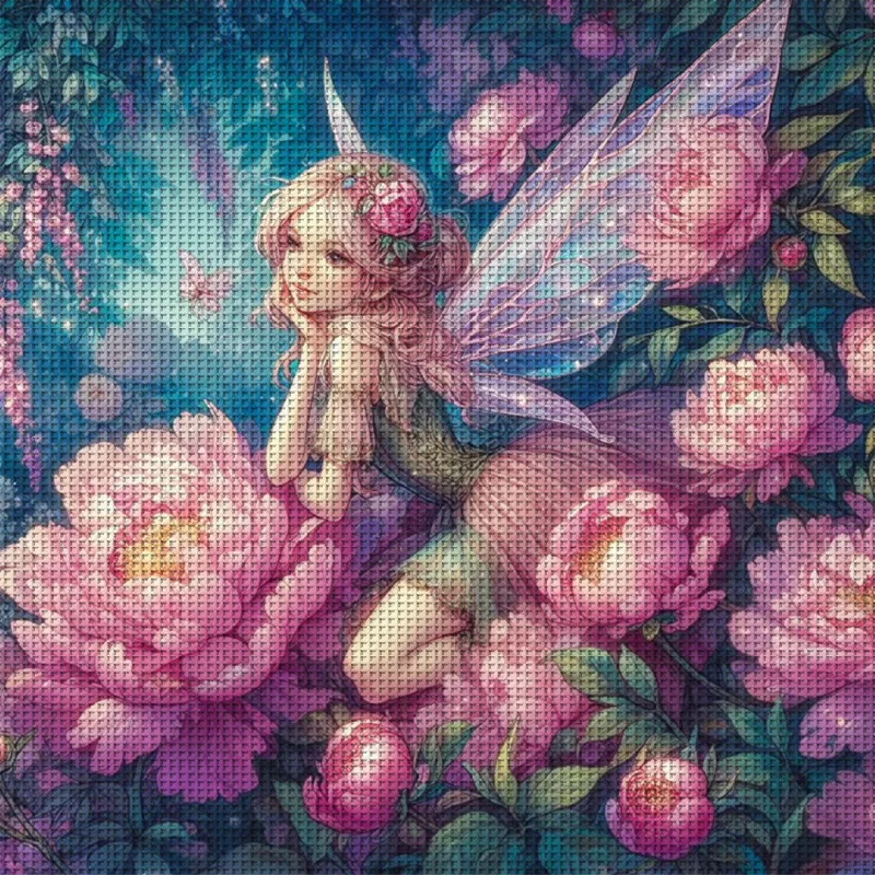 Peony Fairy's Daydream Kreuzstich-Set zum Selbermachen, 11CT-Stickerei, Heimwanddekoration, Geschenk, handgefertigtes Material, rahmenlos, halbfertig, 36 x 36 cm