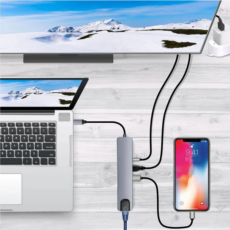 5PCS 8-in-1 Type-C Multi-Port Docking Station Hub Dengan USB 3.0 SD HDTV USB3.0 PD TF RJ45 Untuk Macbook Resolusi 4k Adaptor Stok