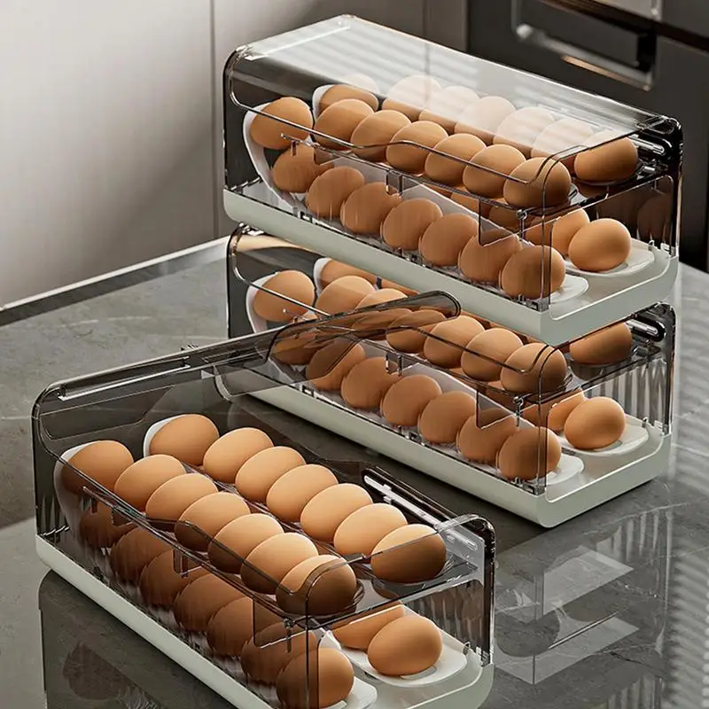 

2 Tiers Egg Dispenser Refrigerator Roll Down Clear Egg Container Automatic Scrolling Egg Rack Holder Large-capacity Egg Dispense