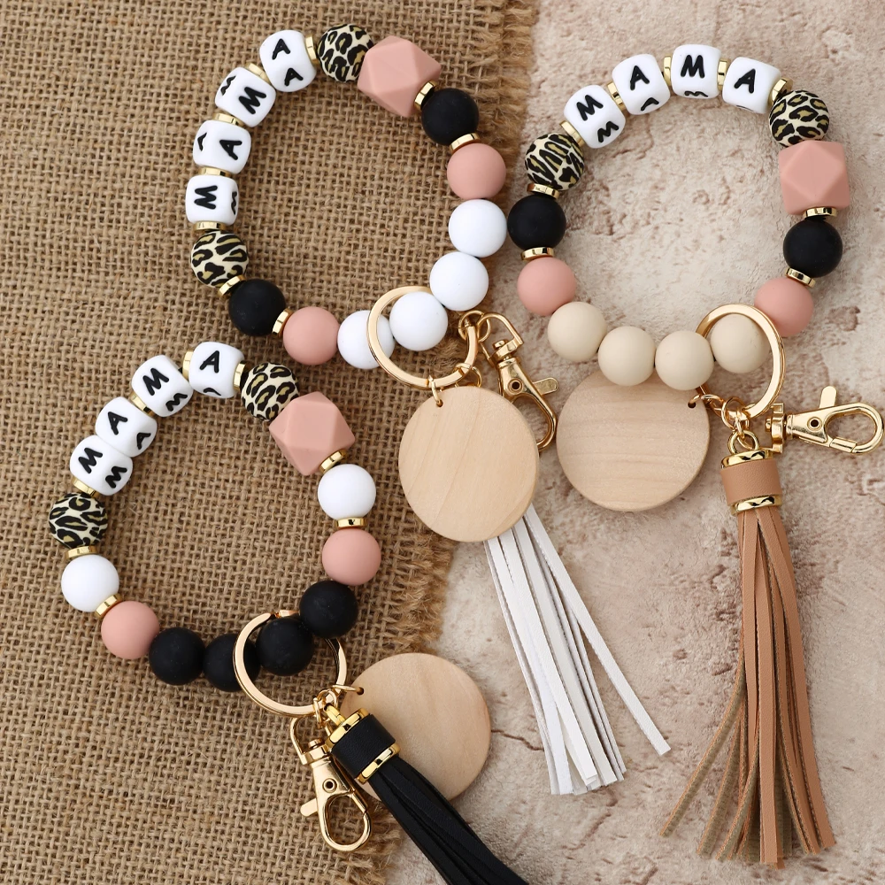 Mother\'s Day Gift Leopard Silicone Bead Key Chain Letter MAMA Beaded Wristlet Keychain With Wood Disc Leather Tassel Key Ring