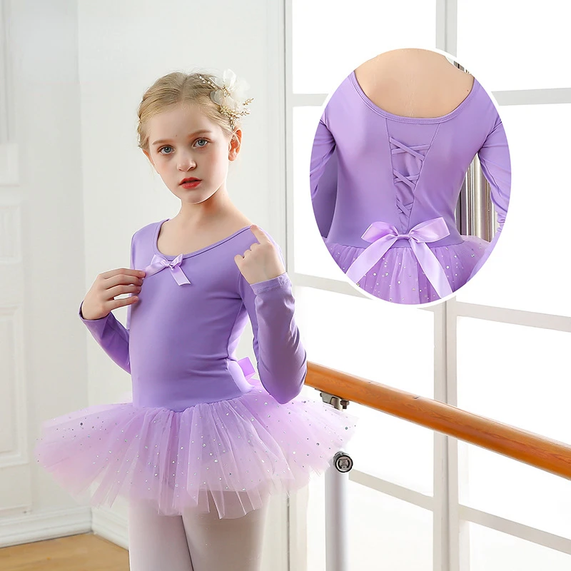 Girls Ballet Dance Tutu Dress Kids Short /Long Sleeves Tulle Bowknot Skate Gymnastics Christmas Birthday Party Leotard Dancewear