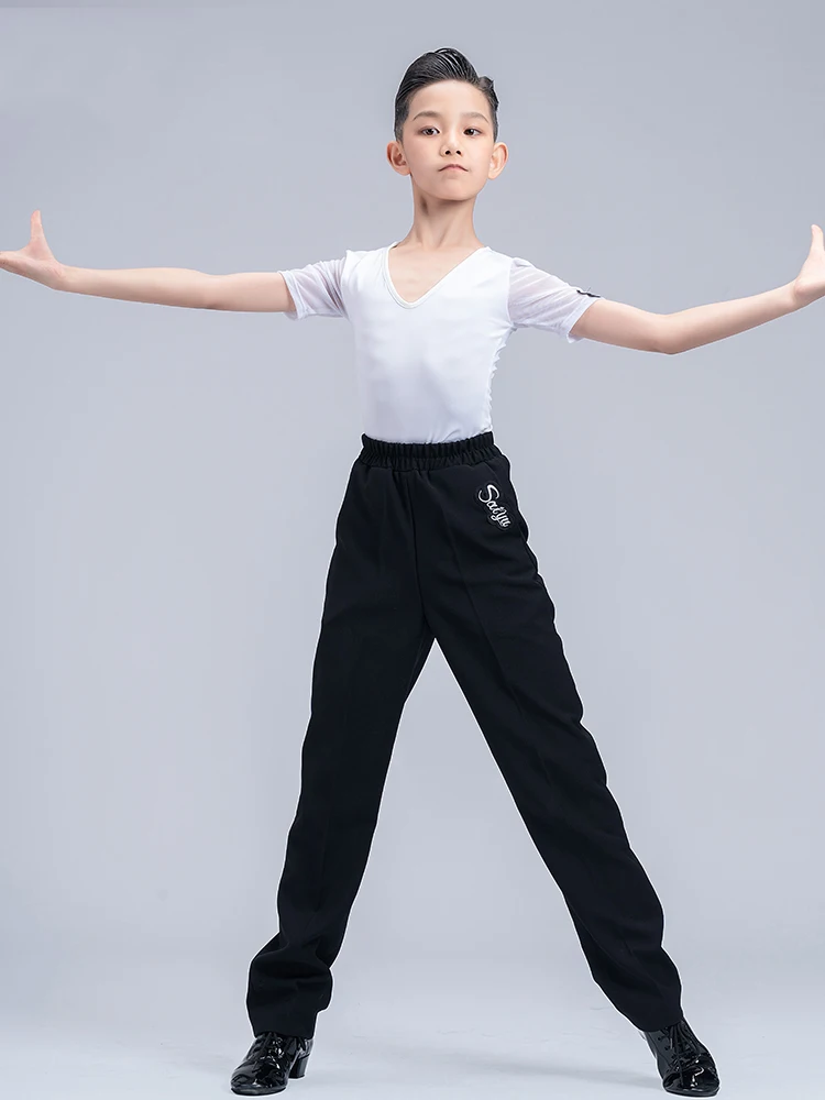 Boys Latin Dance Costume V Neck Mesh Short Sleeves Tops Black Pants Training Outfits Ballroom Dance Competition Clothes DNV17955