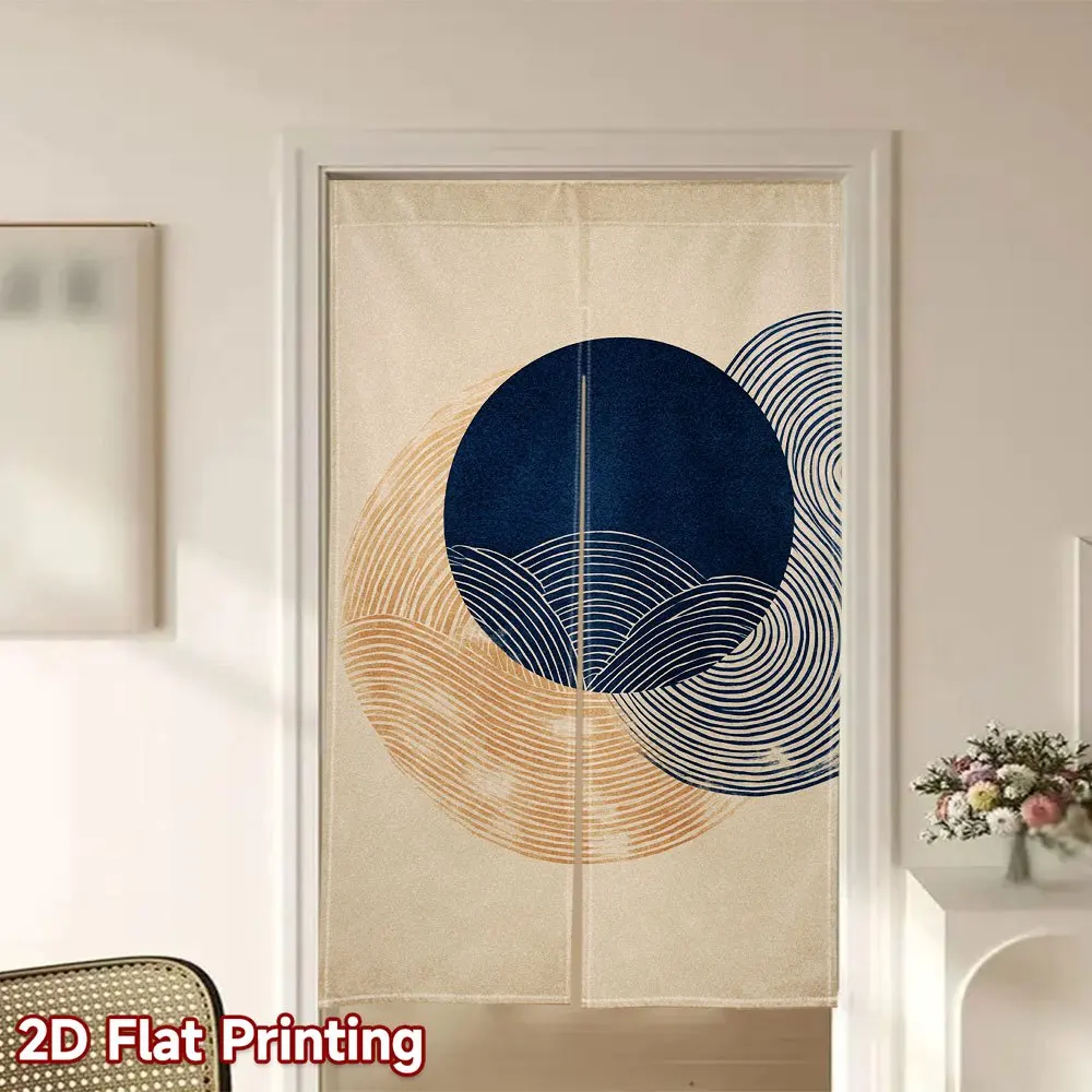 Traditional Japanese Blue Circular Wave Door Curtain - 2D Flat Print Abstract Polyester Room Divider for Kitchen Bathroom