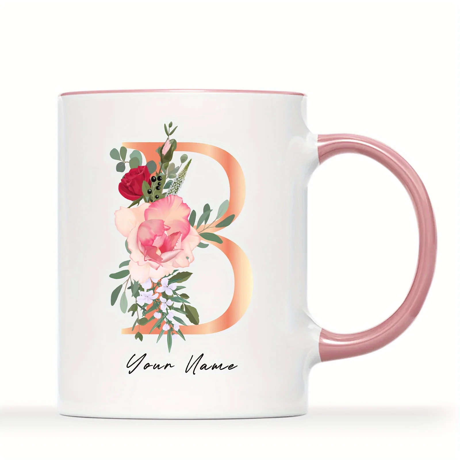 1 Set Personalized Pink Floral Gradient Letter Name Coffee Mug 11oz 3A Ceramic Gift for Grandma Mom Wife Daughter
