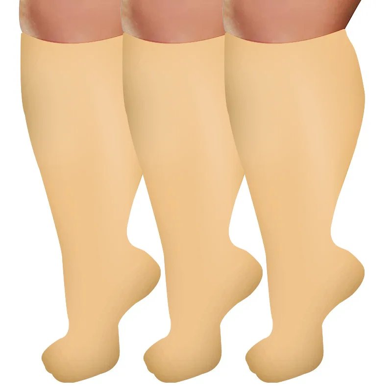3 쌍 블랙 베이지 플러스 사이즈 남성 여성을위한 압축 양말 엑스트라 와이드 송아지 무릎 높은 러닝 초대형 압축 스타킹