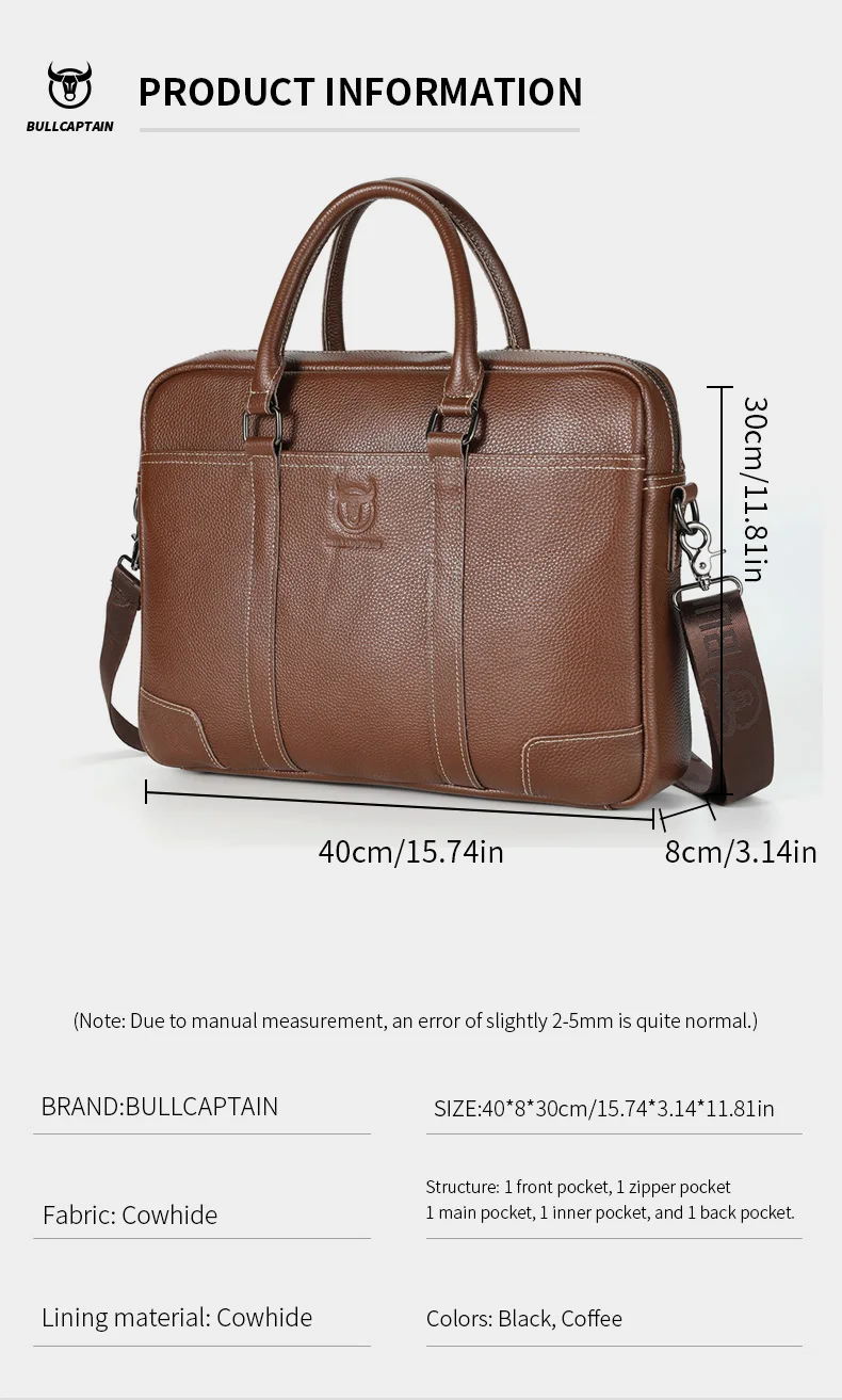BULLCAPTAIN Echtleder Herren Aktentasche Business Handtasche Echtes Rindsleder Laptop-Tasche Casual Schulter-Umhängetasche für Männer – Detail 8