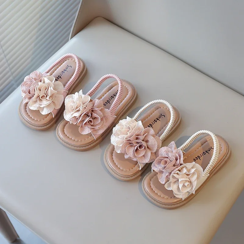 

Childern Sandals Flower Toddler Elastic Band Open Toe Girl's Summer Sliders Flexiable Pu Leather Leisure Sweet Kids Shoes 21-30