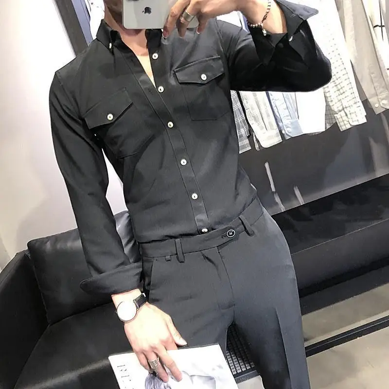 

2023 New Cotton Long Sleeve Shirt Solid Slim Fit Male Social Casual Turn Down Collar Dress Shirt Men Brand Clothing H25