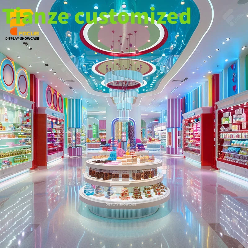 

Customized-new decoration candy LED light counter display sweet shop 3D design chocolate display metal retail fixture