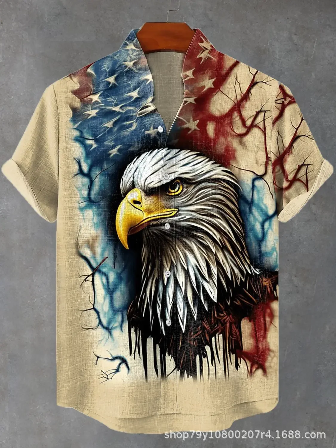 

Men's short-sleeved shirt with bald eagle flag print daily casual comfortable men's stand-up collar tops large size men's shirt